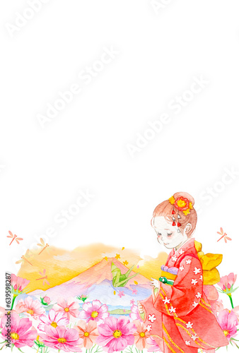 水彩で描いた着物の女性と日本の風景