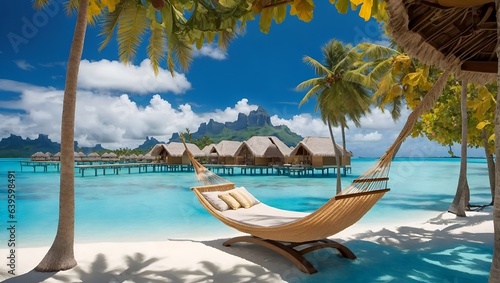 Hammock in luxury resorts with ocean water under blue sky.