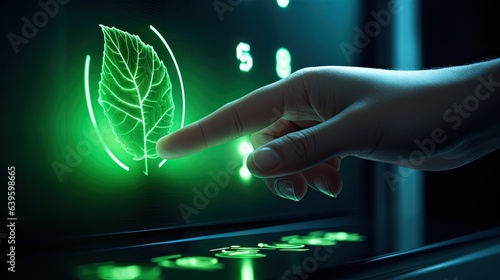 Fototapeta Naklejka Na Ścianę i Meble -  Close of a finger pointing to a futuristic display with a green leaf, Environment protection concept