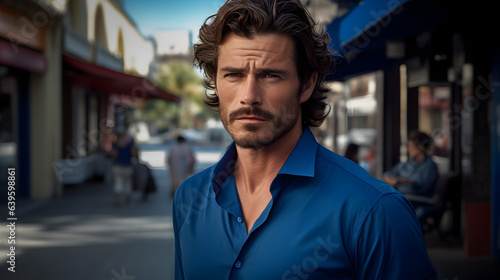 A Cool Guy in Blue Shirt in the Street