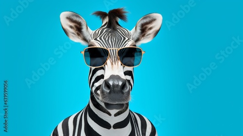 A studio portrait of a funky zebra wearing aviator sunglasses on a seamless blue background  copy space for text.