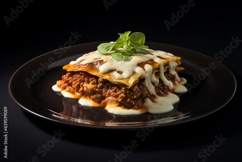 a delicious serving portion of a traditional italian pasta dish lasagna with greens on a black plate, restaurant prepared meal
