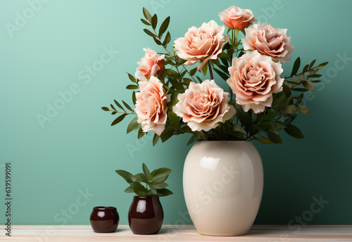 Bouquet of beautiful roses in vase on wooden table against color wall © Chayan