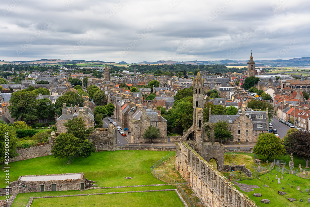 Aerial view of the medieval town of St Andrews with its ruined cathedral and castle, Scotland.