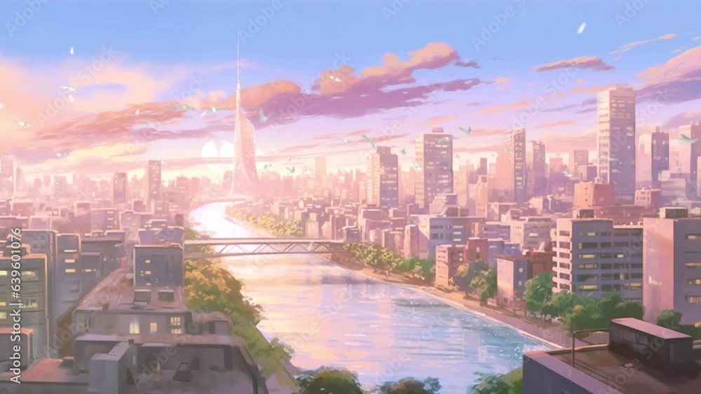 Beautiful fantasy city buildings at evening time background animation in anime or cartoon watercolor painting illustration style