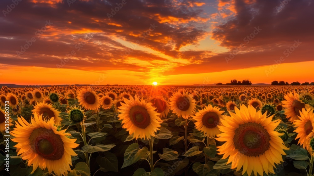 sunflower field in sunset. Generative AI