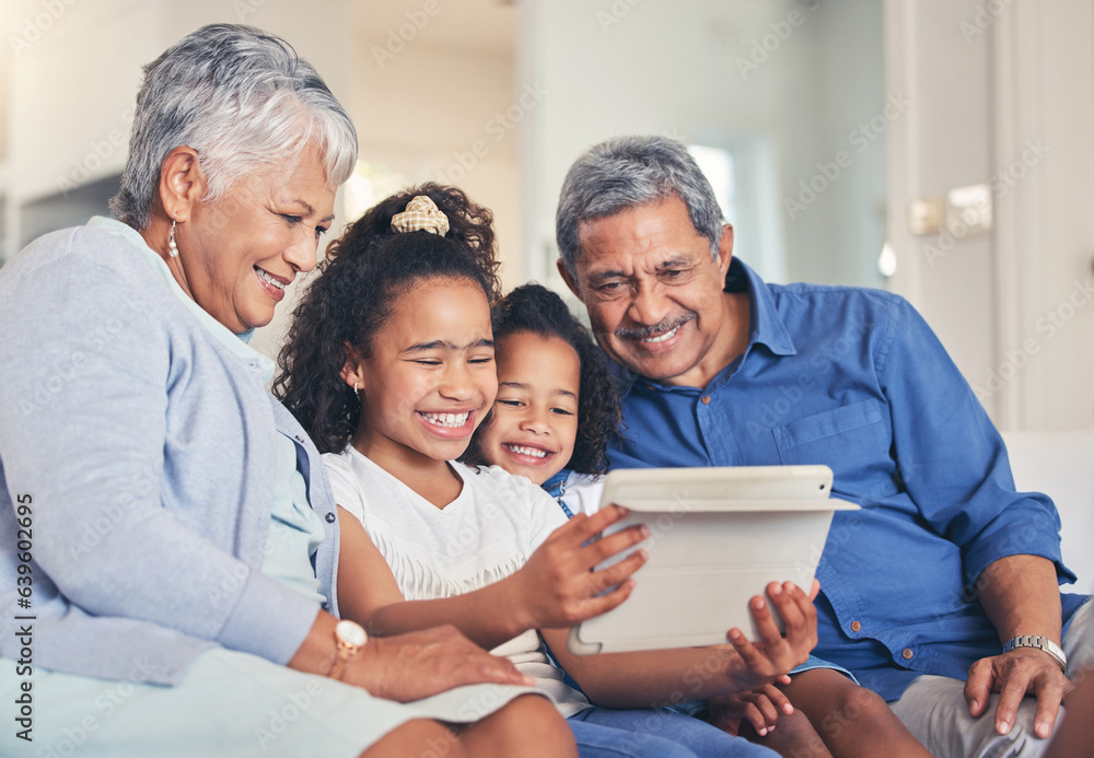 Family. grandparents and children on tablet for selfie, video streaming and e learning, online education or games on sofa. Senior people and kids on digital technology for profile picture photography Family. grandparents and children on tablet for selfie, video streaming and e learning, online education or games on sofa. Senior people and kids on digital technology for profile picture photography