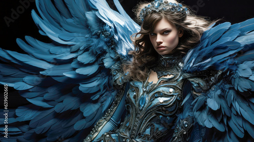 Stylish female model wearing a blue feather canvas-shaped outfit with metal embellishments, lit dramatically in the style of Baroque art, with intricate net detailing