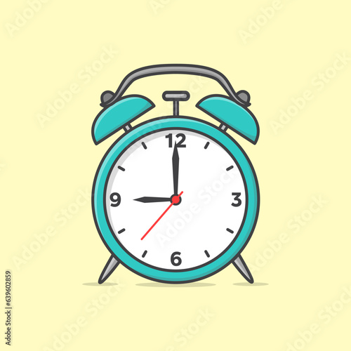 vector flat illustration ring turrquoise alarm clock isolation on background.