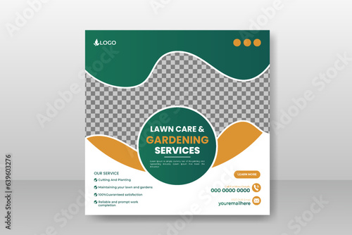 Organic food farming or lawn care and garden service social media post design template for multipurpose use with green gradient and yellow color or modern shape on white background