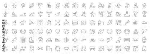 Sports line icons. Vector illustration include icon - swimming  bowling  golf  basketball  cloakroom  football  workout  fitness  fitball outline pictogram for healthy activity . Editable Stroke