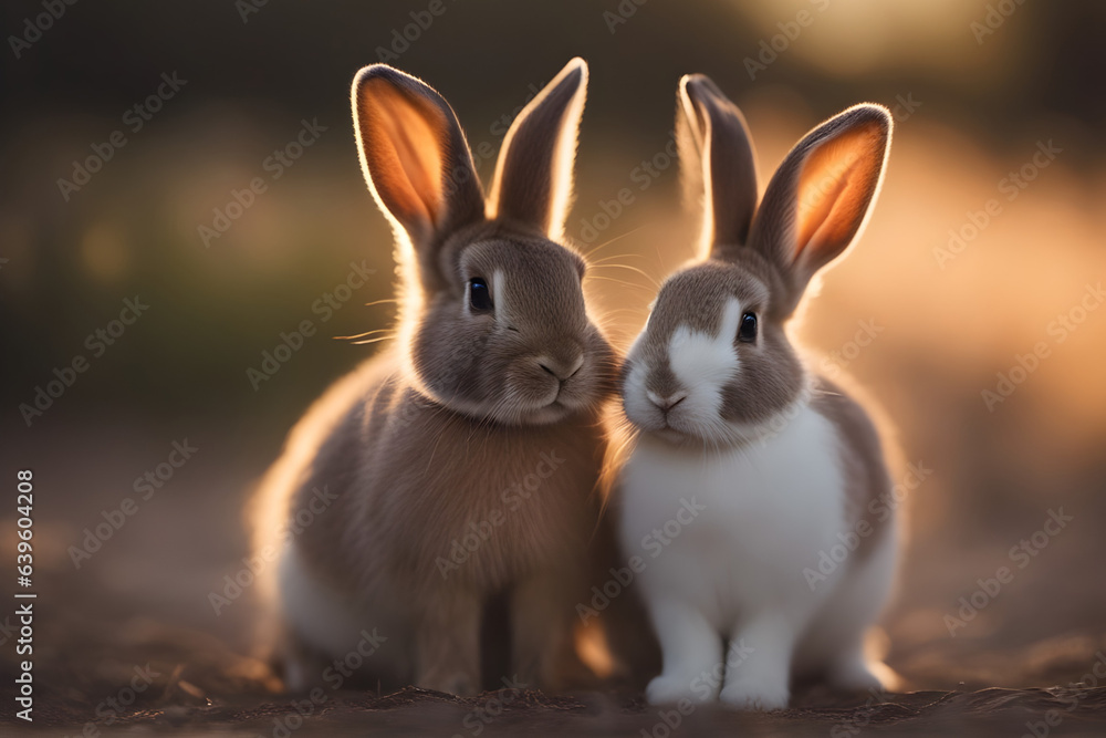Fototapeta premium Two cute funny rabbits. Ai generative 