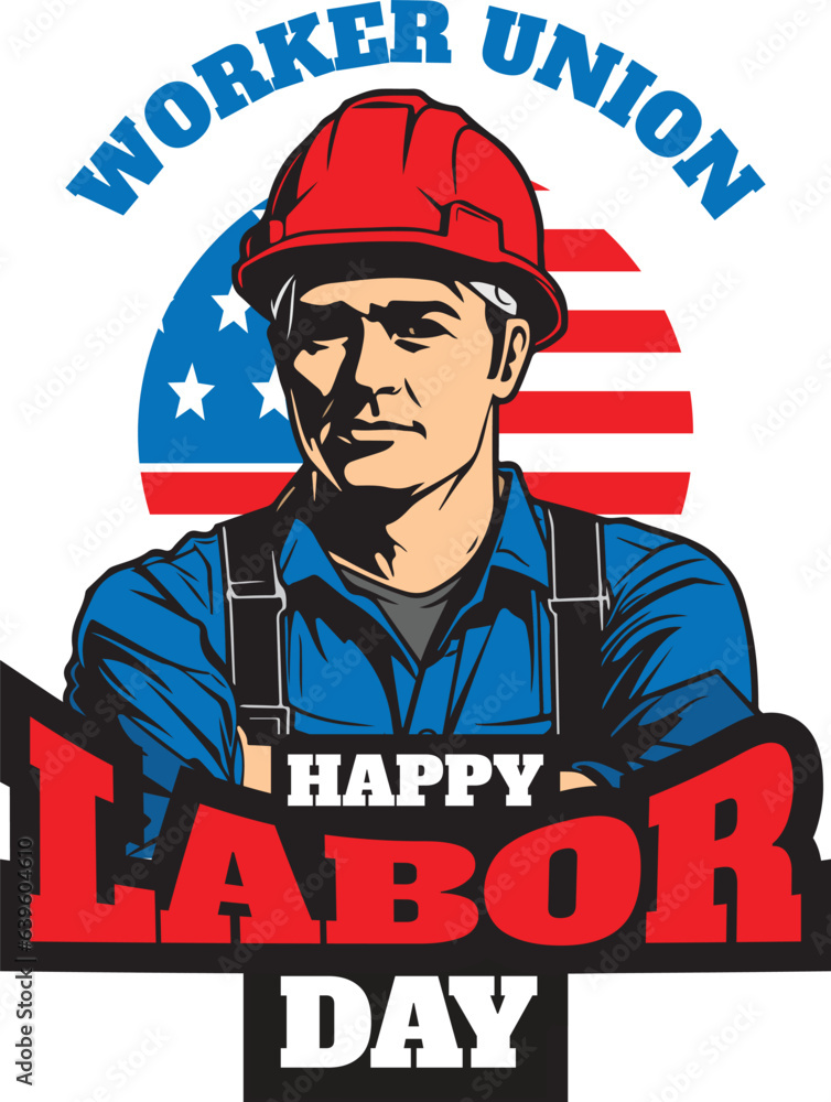 labor day illustration of worker man in front of the flag of United States of America labor day illustration of worker man in front of the flag of United States of America