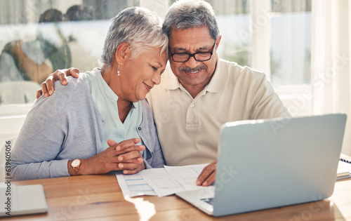 Senior couple, documents and computer for home, investment or budget, retirement or pension with love and hug. Elderly woman and man on laptop for asset management, loan agreement and life insurance