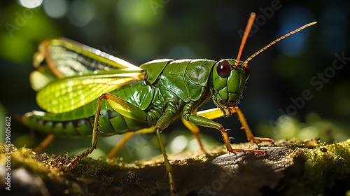 A vibrant green grasshopper leaps through the air, its wings creating a blur of motion, while the sunlight illuminates its delicate body, vignetting photography, © Dushan