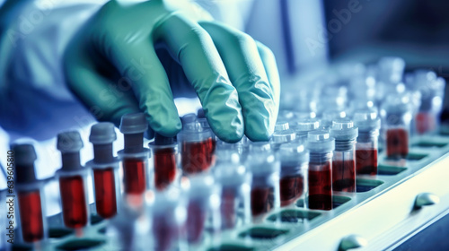 lab technician holding blood tube test for study diagnostic. hands of a lab technician with tubes of blood samples in rack with other samplesin the laboratory. Generative ai