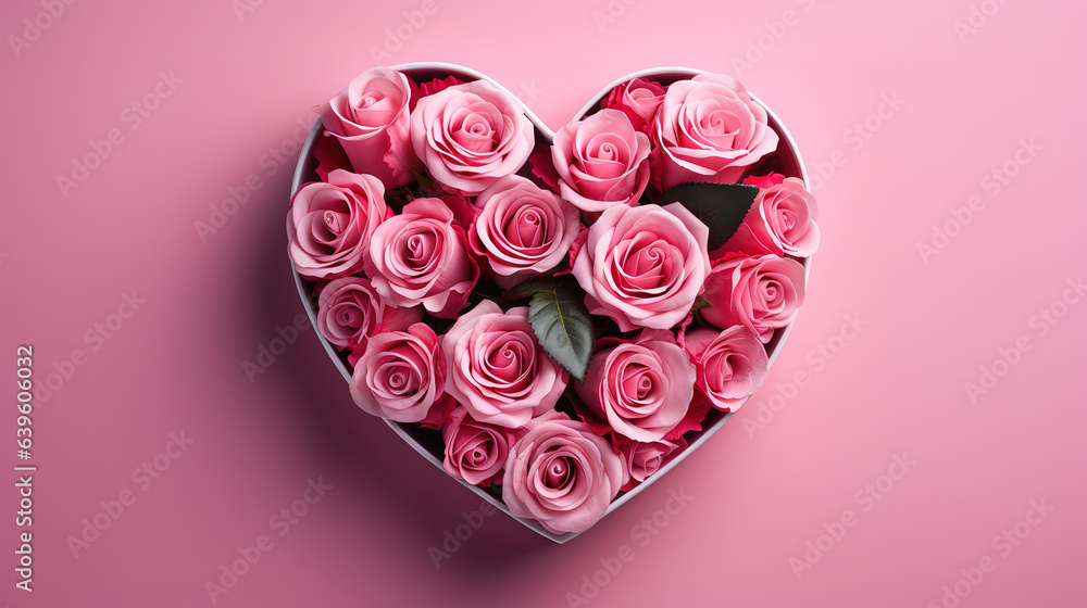 High angle closeup shot of pink roses in a heart shape on a wooden surface. Generative Ai High angle closeup shot of pink roses in a heart shape on a wooden surface. Generative Ai