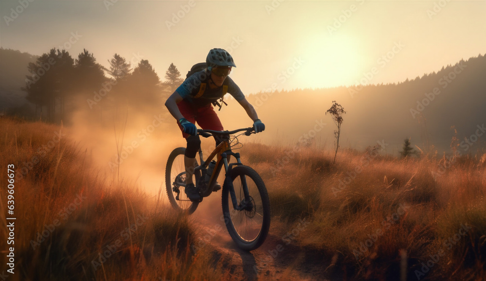 Fototapeta premium woman walking summer sunset bike recreation sport dark forest bicycle cycling. Generative AI.