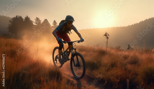 woman walking summer sunset bike recreation sport dark forest bicycle cycling. Generative AI.