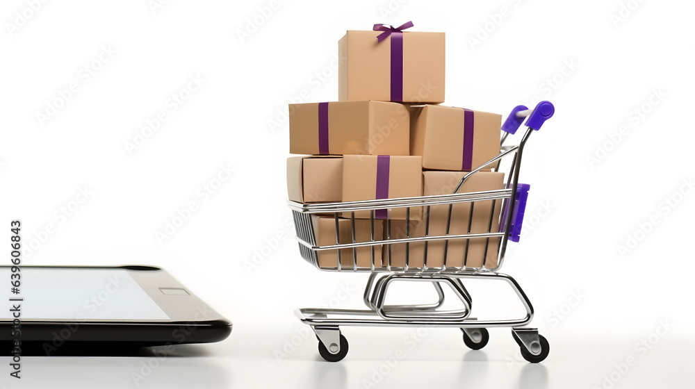 Paper boxes in the trolley and smartphone. Online shopping and e-commerce concept.