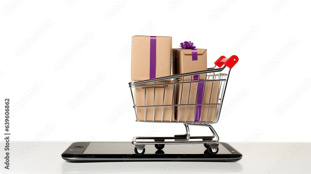 Paper boxes in the trolley and smartphone. Online shopping and e-commerce concept.