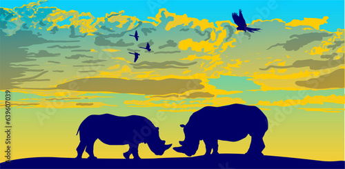 rinocerontes, vector, silueta, animal, atardecer, enamorados, ilustracion