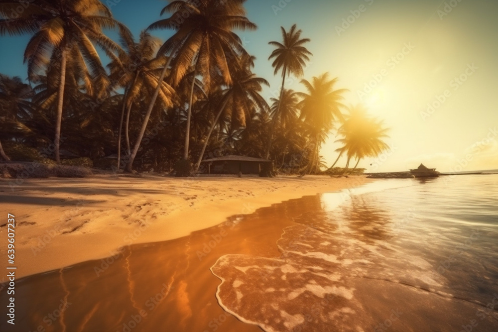 sunset sea beach landscape sky sunrise ocean palm sun island. Generative AI.