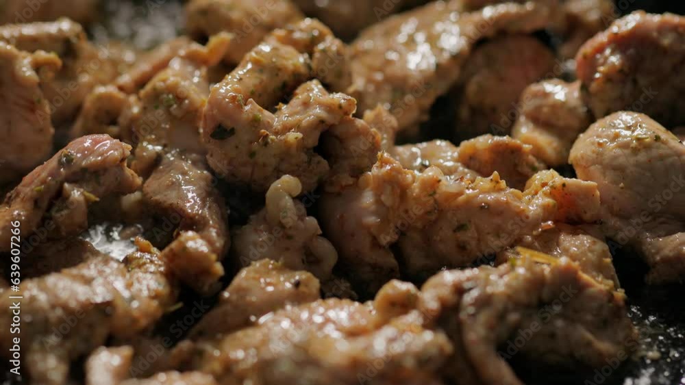 Pork Frying Process: Close-up Pan Pork Frying Process: Close-up Pan