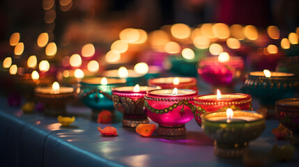 Oil lamp decoration in happy Diwali festival.