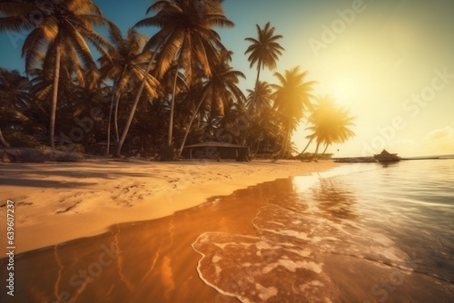 sunset sea beach landscape sky sunrise ocean palm sun island. Generative AI. © VICHIZH
