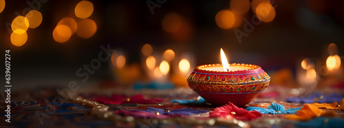 Oil lamp decoration in happy Diwali festival.