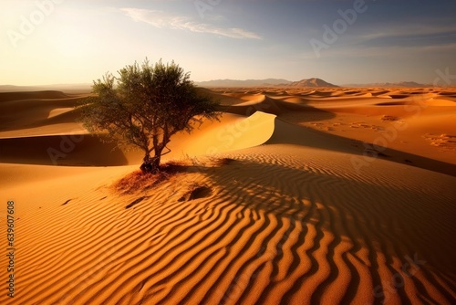 Sunset over the sand dunes in the desert background. Beautiful view of the desert