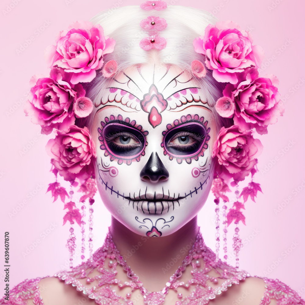 Portrait of a woman with sugar skull makeup over pink background. Halloween costume and make-up. Portrait of Calavera Catrina