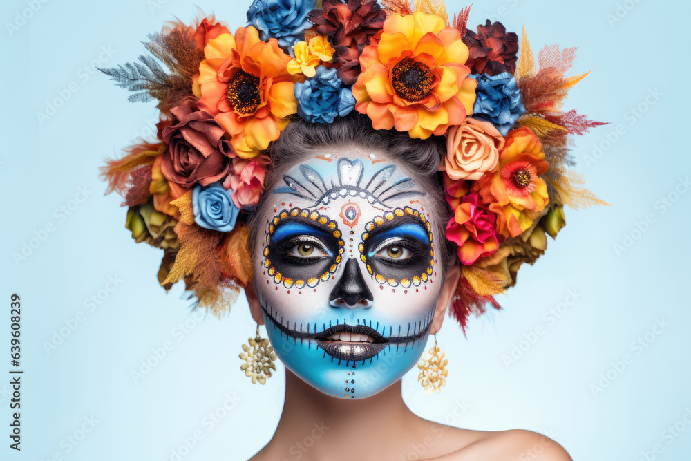 Portrait of a woman with sugar skull makeup over blue background. Halloween costume and make-up. Portrait of Calavera Catrina