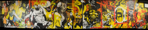 urban wall colourful spray graffiti background yellow abstract paint banner art. Generative AI.