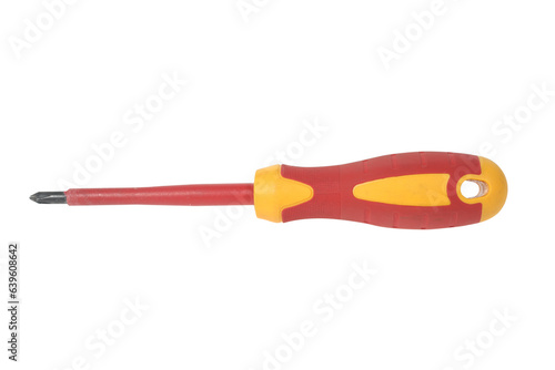 Orange red plastic dielectric screwdriver for electrical work with insulated tip isolated
