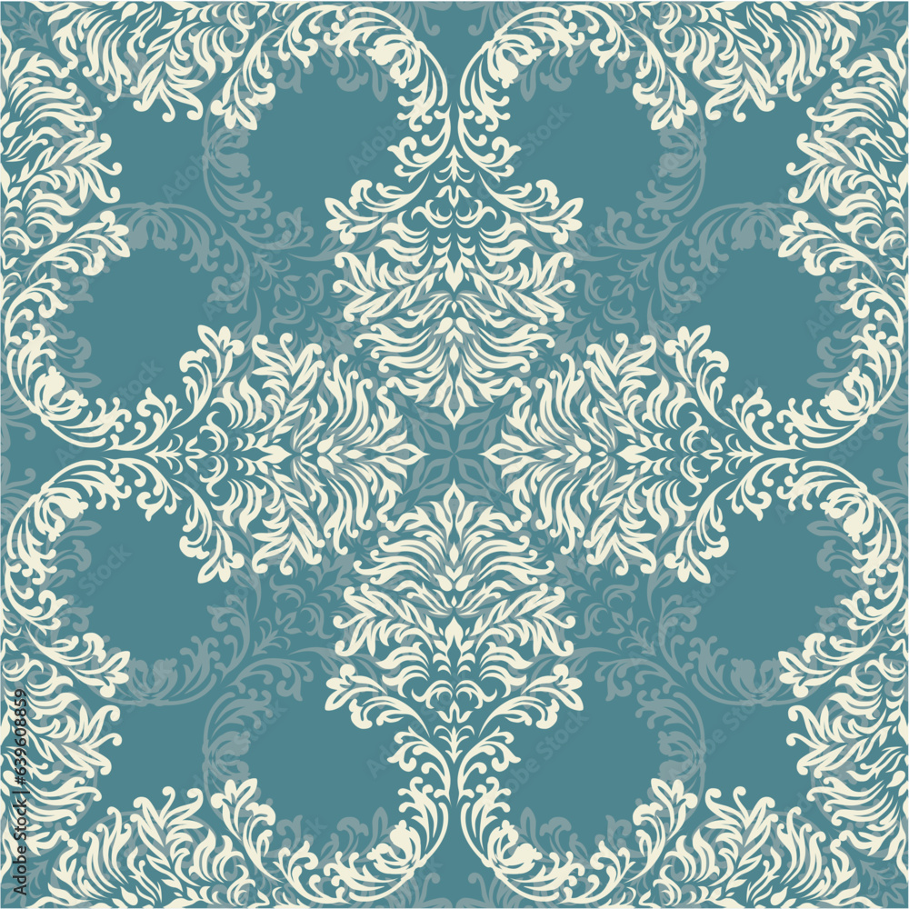 The tile pattern in a turquoise background with light beige floral details, baroque-inspired ornamentation The tile pattern in a turquoise background with light beige floral details, baroque-inspired ornamentation