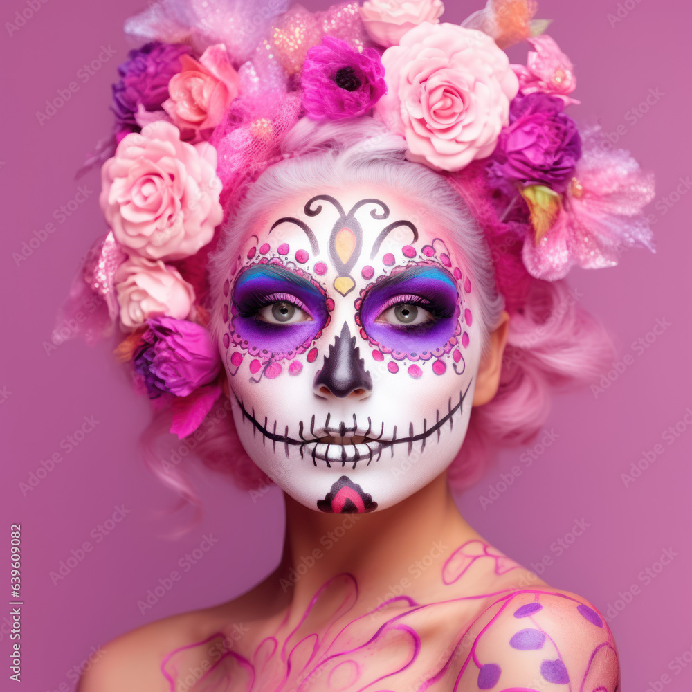 Portrait of a woman with sugar skull makeup over pink background. Halloween costume and make-up. Portrait of Calavera Catrina