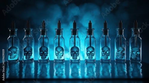 Development of bioweapons concept. A row of ampoules with a symbolic skull, close-up.
