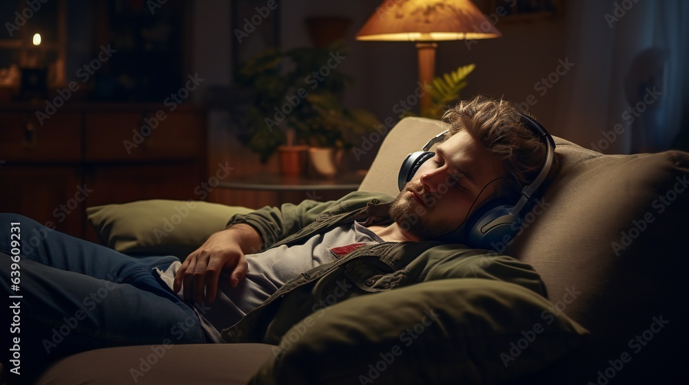 Cinematic shot of a person immersed in music on a relaxed sofa Cinematic shot of a person immersed in music on a relaxed sofa