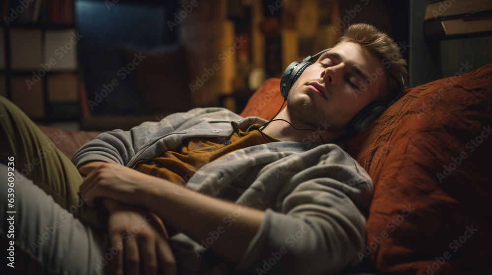 Cinematic shot of a person immersed in music on a relaxed sofa