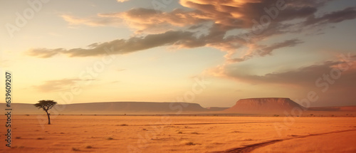 Cinematic African landscape featuring a single green tree in the vast desert