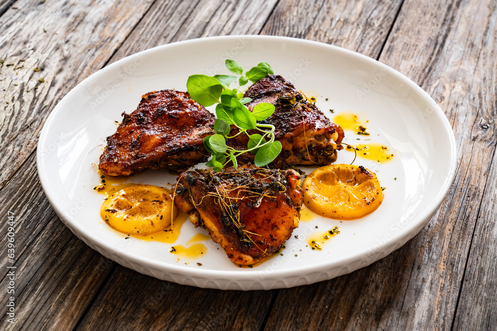 Roasted chicken thighs with lemon on wooden table
Roasted chicken thighs with lemon on wooden table
