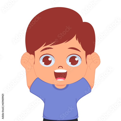 Cute boy cheering happily, hands up