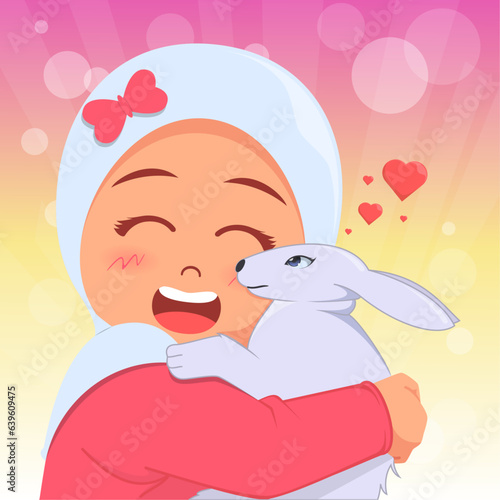 Little girl hugs beloved rabbit