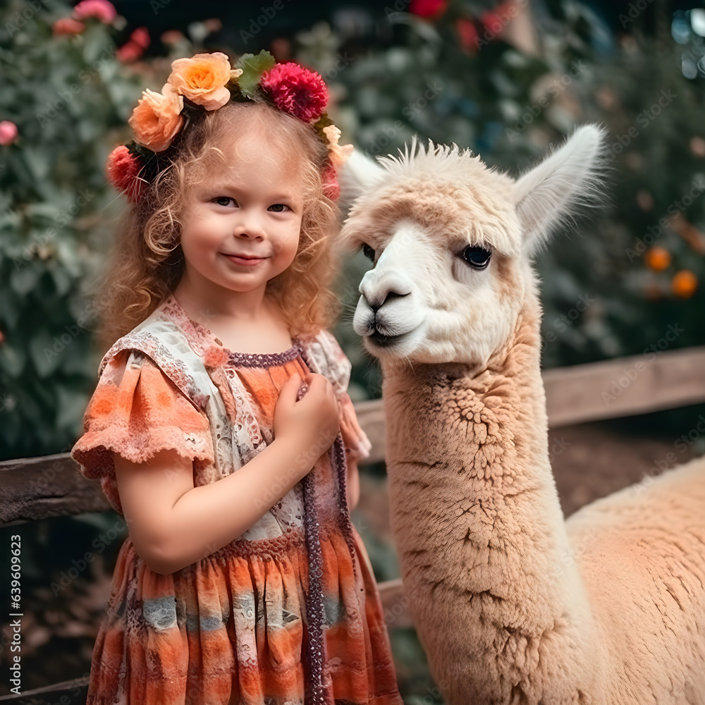 Obraz premium A little girl is hugging a llama