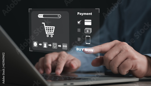 Businessman scanning his finger to login to customer service management for payment or shopping online store to order what he wants in website and offers home delivery. 