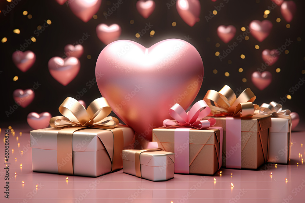 festive gift boxes, hearts shape balloons with space for text. valentines day, sales concept