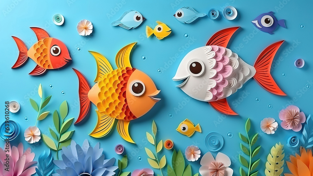 Paper adorable fish with children at home. Hands making DIY summer crafting. Generative Ai