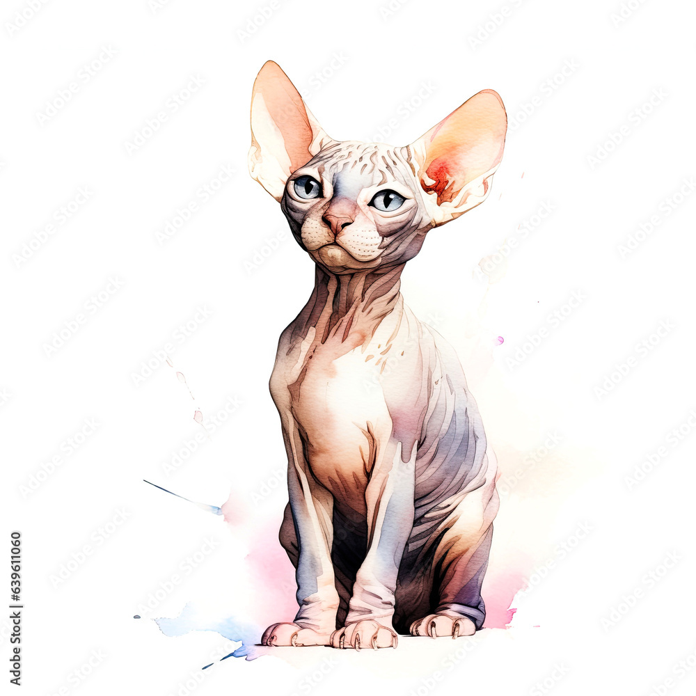 Beautiful hairless sphinx cat, isolated on white background. Digital watercolour illustration.